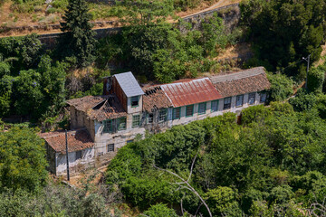 Abandoned rural house with rusty roof surrounded by green forest.