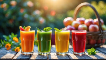 Fototapeta premium Colorful fruit and vegetable smoothies in glasses with a basket of apples in an outdoor garden setting. Healthy beverage concept. Nature and freshness.