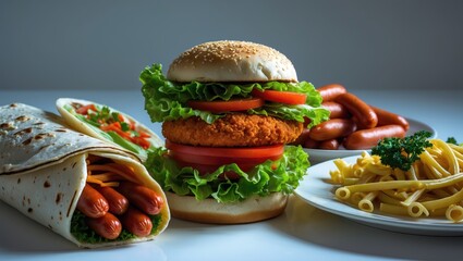 A variety of fast food including a burger with lettuce, tomato, and fried chicken, a wrap with sausages, a plate of pasta, and a side of beans.