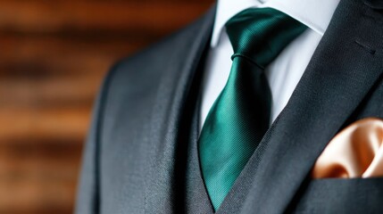 A close-up image of a well-tailored suit featuring a sophisticated green tie and an elegant pocket square, ideal for showcasing formal attire and professionalism.