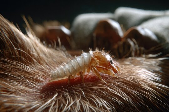 macro visualization of a botfly larva embedded beneath the skin of a mammal