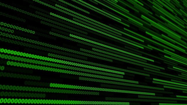 Data streaming visualization in green binary code on a black background during a tech demonstration