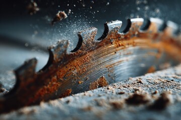 Close-up of a rusty circular saw blade cutting wood.  Dust and debris fly