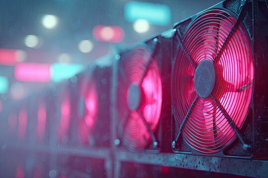 Row of glowing computer fans in a dimly lit, urban setting