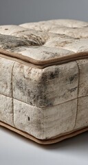 Naklejka premium Close-up of a section of a light beige, quilted ottoman or pouf. Patches of darker staining and discoloration visible on the surface