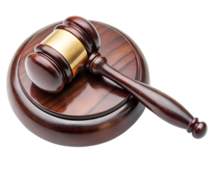 A wooden judges gavel and sound block isolated on transparent background, symbolizing law, justice, and legal decisions in a courtroom or auction setting