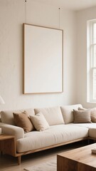 Fototapeta premium A large vertical wooden frame poster mockup hanging from the ceiling in a minimalist living room with a comfortable sofa.