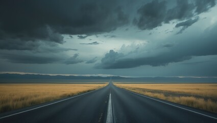 Empty road stretching through open fields under stormy sky with dark clouds and dramatic weather conditions.