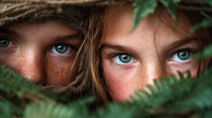 A captivating close-up of two children with striking blue eyes peering through lush green ferns, revealing their inquisitive spirit and connection to nature.