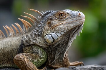 Fototapeta premium A close-up of an iguana gazing into the camera, its intense eyes full of detail and expression