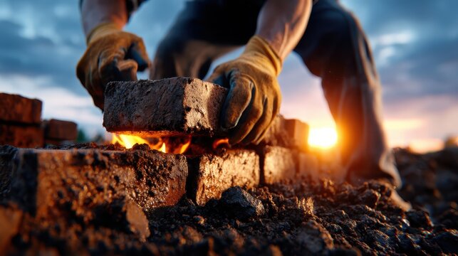 A construction worker carefully places hot bricks as the sun sets in the background, highlighting the labor and craftsmanship involved in building and development.