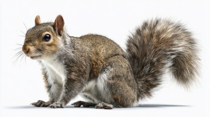 Obraz premium A gray squirrel stands alert, bushy tail curving elegantly against a white backdrop