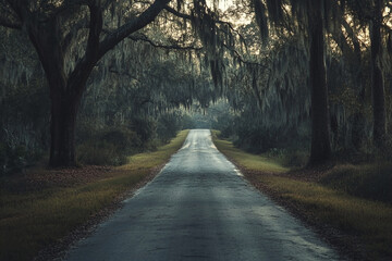 Obraz premium Eerie road trip through the southern landscape with moss-covered trees