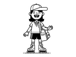 Joyful Roller Skating: A happy girl joyfully roller skating with backpack and cap, ready for adventure and fun in a delightful vector illustration.