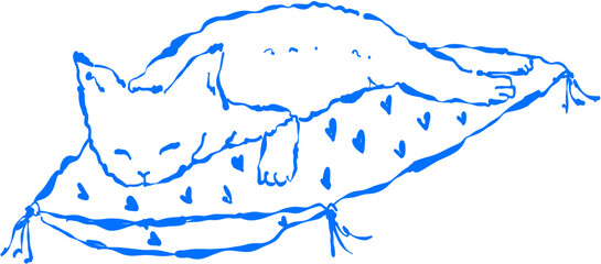 A hand-drawn sketch of a fluffy cat sleeping peacefully on a soft, patterned pillow.