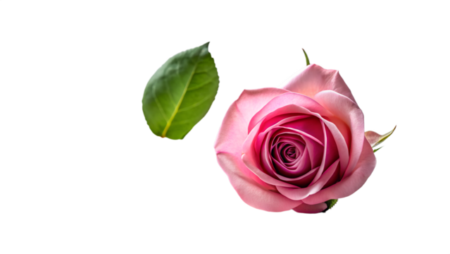 A delicate pink rose with a single green leaf, isolated on a transparent background, showcasing the natural beauty and elegance of a blooming flower