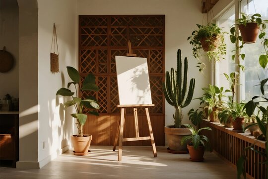 Empty vertical poster mockup on a wooden easel in a sunny, plant-filled room with a large cactus and hanging plants - Powered by Adobe