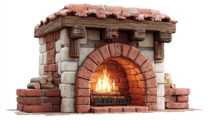 Rustic brick fireplace with wood mantel