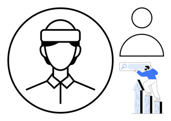 Avatar design in a circle, user profile outline, person searching for growth and success, and upward bar graphs. Ideal for user management, goal tracking, analytics, career growth, personal branding