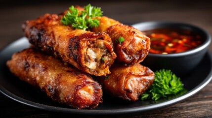 An appealing image showcasing crispy golden-brown spring rolls served on a dark plate, garnished with fresh herbs, depicting a mouthwatering culinary experience.