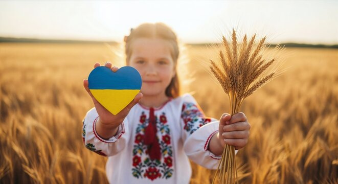 Young Ukrainian Girl in Embroidered Vyshyvanka Holds Heart Flag and Wheat Ears Symbolizing Patriotism and Harvest in Golden Field
