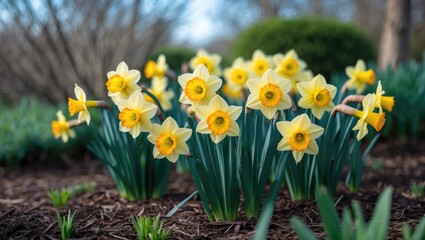 Fototapeta premium Cluster of yellow daffodils blooming in a garden bed, with green foliage and trees in the background. Spring flowers in natural outdoor setting.