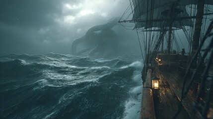 Ghostly Shipwreck: Haunted Seascape with Spectral Sailors and Stormy Skies - Photorealistic 3D Illustration in Blender