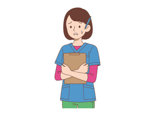 Anxious Healthcare Worker: A worried healthcare professional is seen clutching a clipboard, with a look of concern and unease. Depicting healthcare environment, showcasing empathy and understanding.