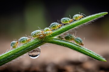 Naklejka premium A cluster of aphids gathered along the stem of a young green plant