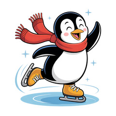 Obraz premium Happy penguin ice skating with a red scarf isolated on transparent background