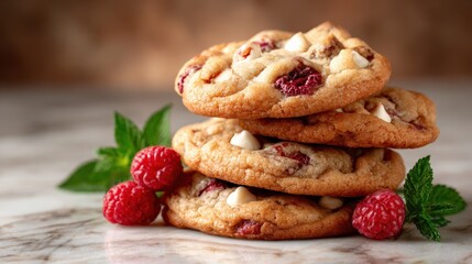 A tempting stack of cookies featuring raspberries and white chocolate, perfect for dessert lovers seeking a sweet indulgence. Ideal for bakery and food photography.