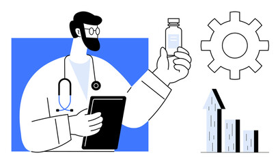 Doctor with stethoscope holding a tablet and examining a medicine bottle. Gear icon and growth chart highlight development, success, healthcare innovation. Ideal for medical, research, technology
