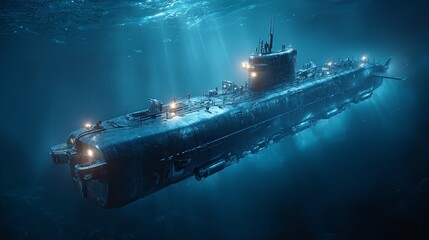An underwater scene featuring a large submarine illuminated against a deep oceanic backdrop, exuding a sense of mystery and exploration.