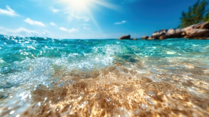 Fototapeta premium The sun shines brightly over clear turquoise waters, capturing the essence of a refreshing day at the beach with gentle waves lapping toward the sandy shore.