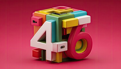 Colorful 3D numbers 46, assembled from geometric shapes
