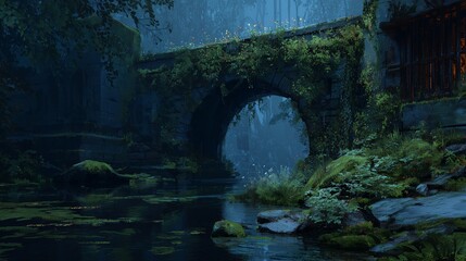 Mossy Stone Bridge Over a Serene River