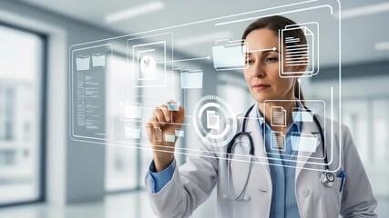 Female doctor interacts with advanced digital interface displaying medical data Futuristic healthcare concept showing technology enhancing modern medical practices - Powered by Adobe