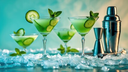 Fresh cucumber cocktails with mint garnishes on ice, with a cocktail shaker and bar tools in the background. Refreshing summer drinks, beverage preparation, and mixology concept.