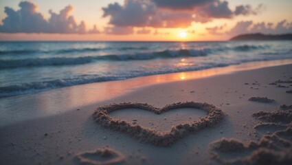Sunset over the ocean with a heart drawn in the sand on the beach. Romantic and peaceful scene. Nature and love concept. The scene of romance and tranquility from the beach.