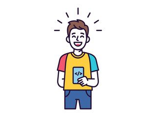 Joyful Programmer with Phone: A cheerful programmer radiates joy as he holds his smartphone, symbolizing technological aptitude and innovation.