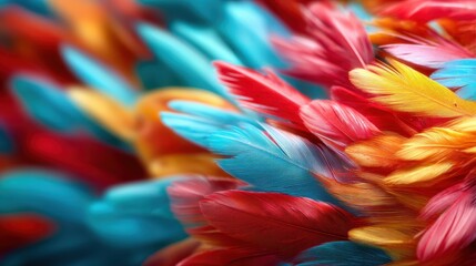 An enchanting close-up image of colorful feathers showcasing a blend of vibrant hues, creating a mesmerizing pattern that evokes feelings of joy and wonder.