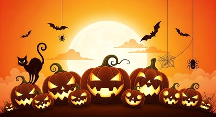 Vibrant Halloween illustration with glowing jack-o’-lanterns, full moon, bats, black cat, and spider on a web in a festive cartoon style"
