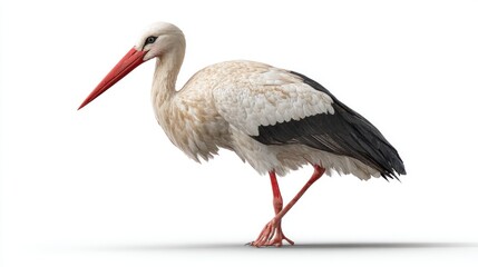 Fototapeta premium Stork standing in profile with long beak and legs, isolated against a white background