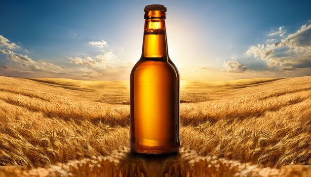 golden brew a lone bottle of amber liquid sits elegantly amidst a vast sea of golden grains capturing the essence of a freshly brewed product symbolizing quality and taste