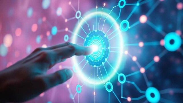 A futuristic network featuring human touch activates digital nodes and data links. A human finger touches the glowing center of a digital interface. 4k video - Powered by Adobe