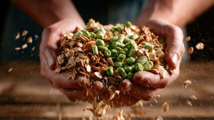 A close-up of hands holding a generous handful of granola and fresh green ingredients, symbolizing health, vitality, and the joy of wholesome cooking.