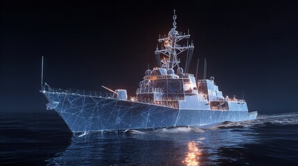 A digital rendering of a naval ship with technical overlays illustrating its design.