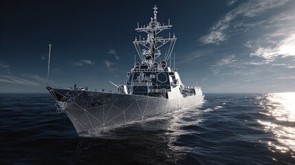 A digital rendering of a naval ship with technical overlays illustrating its design.