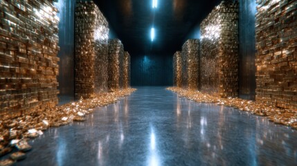 The image showcases a golden vault lined with robust walls of shimmering gold bricks, evoking feelings of security, wealth, and treasure, while capturing a luxurious ambiance.