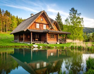 Obraz premium Rustic woodland retreat: A charming cabin nestled by a tranquil lake landscape view